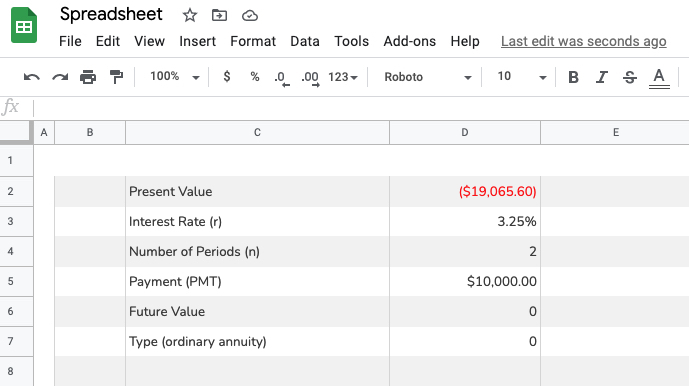 Calculating the present value of an annuity in a spreadsheet