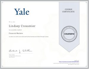 Yale Financial Markets Course Certification for Lindsey Crossmier