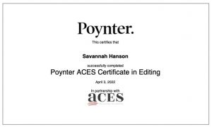 Savannah Hanson ACES Certificate